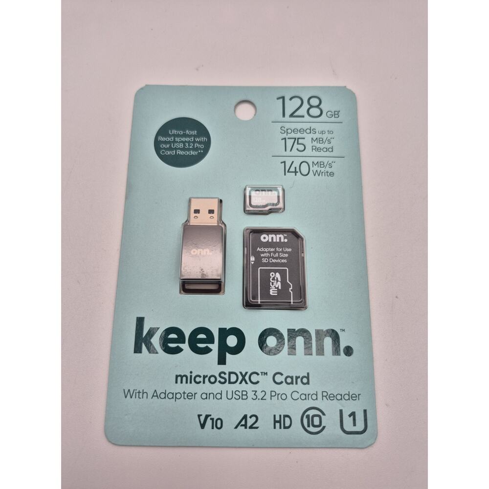 Onn 100130491 128 GB Micro SDXC CArd with Adapter and USB 3.2 Pro Card Reader